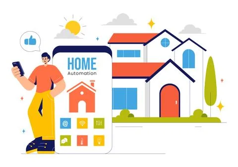 Home Automation Vector Illustration featuring a Smart Home Controlled via S.. 스톡 일러스트