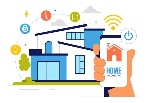Home Automation Vector Illustration featuring a Smart Home Controlled via S.. Stock Illustration