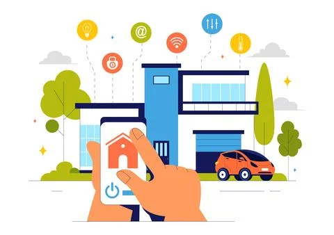 Home Automation Vector Illustration featuring a Smart Home Controlled via S.. Stockillustratie