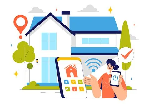 Home Automation Vector Illustration featuring a Smart Home Controlled via S.. Stockillustratie