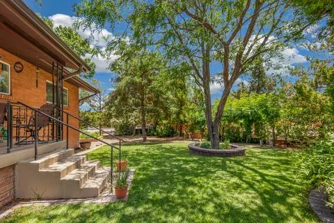 A Home backyard with a patio Stock Photos