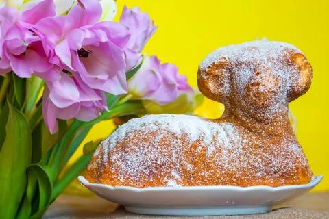 Home baked traditional Easter bread or Paska decorated for festive table, eegs Stock Photos
