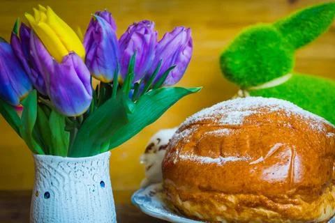 Home baked traditional Easter bread or Paska decorated for festive table, eegs Stock Photos