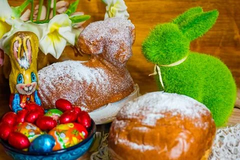 Home baked traditional Easter bread or Paska decorated for festive table, eegs Stock Photos