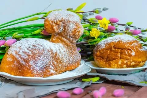 Home baked traditional Easter bread or Paska decorated for festive table, eegs Stock Photos