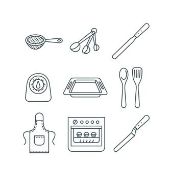Home baking kitchen tools thin line vector icons Stock Illustration