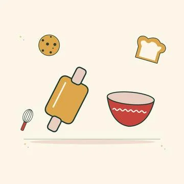 Home baking with a rolling pin and flour bowl. Decorative flat vector composi Stock Illustration