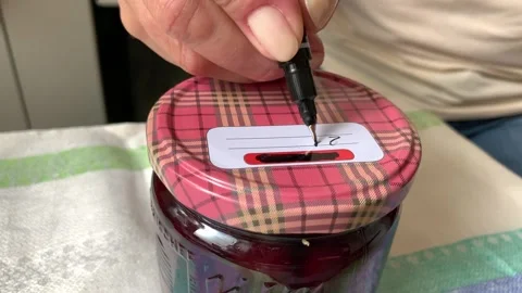 Home-based jam and dessert business. Labeling a jam jar. Stock Footage 340264249