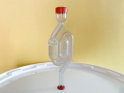 Home beer brewery in progress, bubbling airlock on fermentation container. Wi Stock Photos