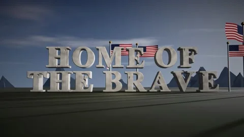 Home Of The Brave Pale Granite 3D Letters with Rows of American Flags in a Cold Stock Footage 343022972