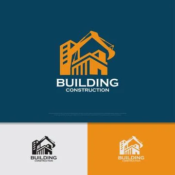 Home builder logo template featuring house silhouettes and an orange excava.. Stock Illustration