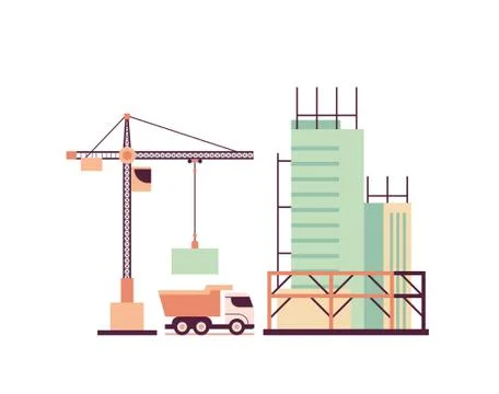 Home building engineering concept crane and truck working on construction site 스톡 일러스트