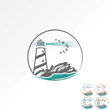 Home building light house rays and birds wave beach island sailor Stock Illustration