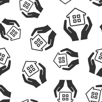 Home care icon seamless pattern background. Hand hold house vector illustrati Stock Illustration