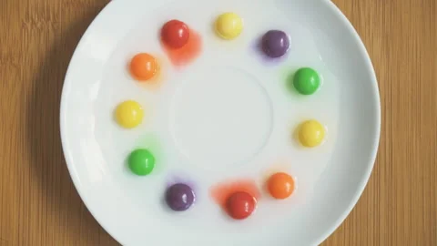 Home Chemistry. Dye from sweets dissolves in water. Vidéo 86480426