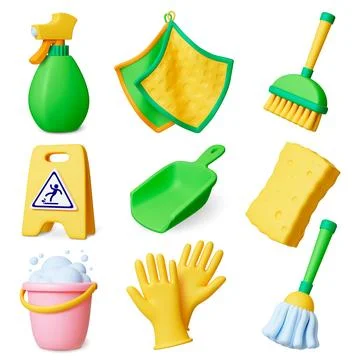 Home cleaning 3d tools. Isolated render realistic elements. Cleaning service Ilustración de archivo
