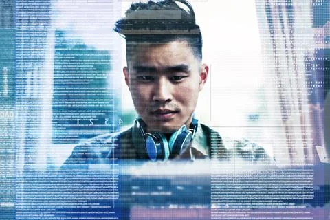 Home, coding and man with laptop, hologram and online reading for web devel.. 스톡 사진