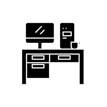 Home computer desk black icon, vector sign on isolated background. Home computer Stock Illustration