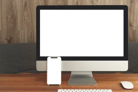 Home computer with mock up screen and smartphone Stock Photos