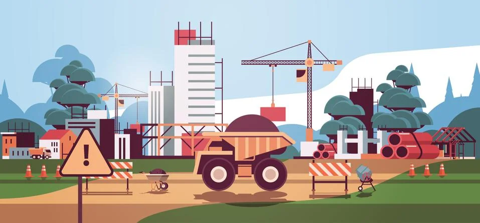 Home construction building engineering concept cranes and trucks working on 스톡 일러스트