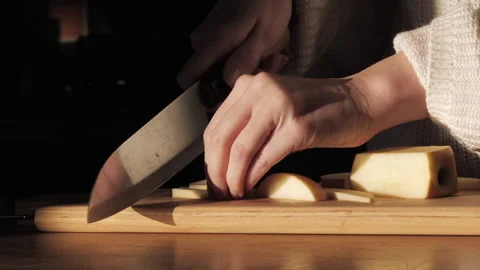 Home Cook Cutting Apples - Closeup Slow Motion - Food, Meal Prep, Nutrition Stock Footage 130742443