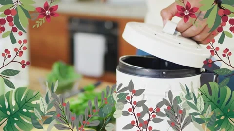 Home cook lifting bin lid, dropping banana peel to compost after chopping Stock Footage 333817888
