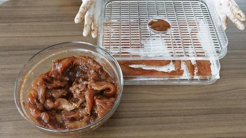 Home cooking Chicken slices while dehydrating making jerky in Dehydrator. Stock Photos