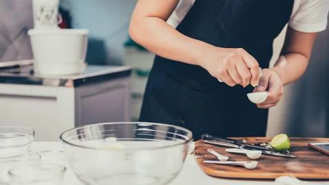 Home cooking by online learning for process of cookery homemade sweet dessert Stock Photos