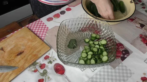 Home cooking process.  The chef makes a cucumber salad.  Healthy food concept Video stock 155196763