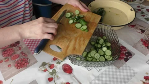 Home cooking process.  The chef makes a cucumber salad.  Healthy food concept Video stock 155197427