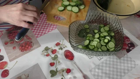 Home cooking process.  The chef makes a cucumber salad.  Healthy food concept Video stock 155197658