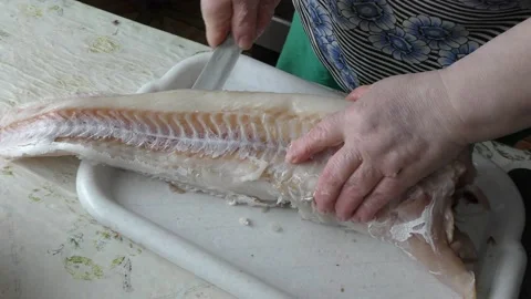 Home cooking process.  The cook is cleaning the cod fish.  Healthy food concept Stock Footage 136638563