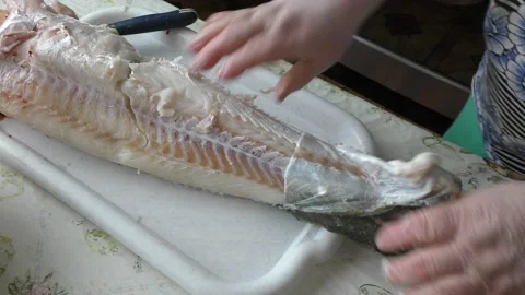 Home cooking process.  The cook is cleaning the cod fish.  Healthy food concept Vídeos de archivo 136638970
