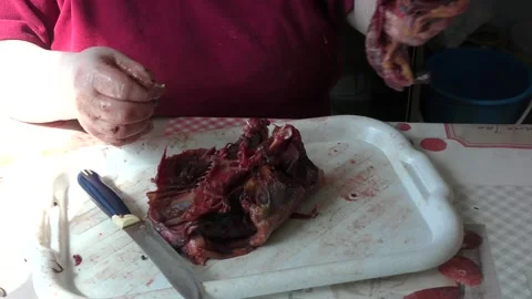 Home cooking process.  The cook cuts the goose into pieces. Video stock 155536674