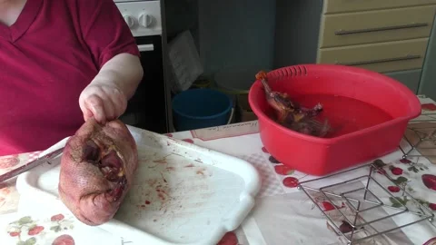 Home cooking process.  The cook cuts the goose into pieces. Stock Footage 155537608