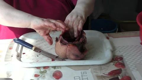 Home cooking process.  The cook cuts the goose into pieces. Stock Footage 155537912