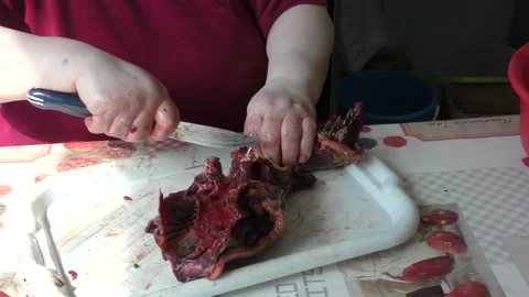 Home cooking process.  The cook cuts the goose into pieces. Stock Footage 155538068