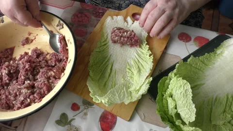 Home cooking process.  The cook prepares stuffed cabbage rolls from deer meat. Stock Footage 155203573