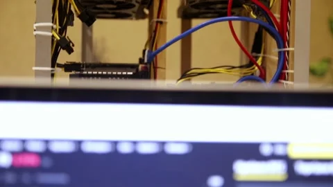 Home cryptocurrency mining rig operating with multiple graphics cards and c.. Stock Footage 341562541