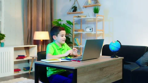 At home cute boy doing his online school classes he have a conversation from the Stock Footage 146186258