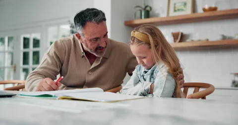 Home, dad and support sad child with homework for learning disability, lesson 스톡 동영상 337761109