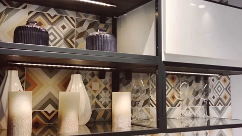 Home decor and interior design concept. Modern kitchen appliances, furniture Stock Footage 166465962