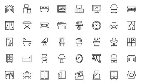 Home Decor line icon set. Kitchen, living room, decoration, bedroom, interi.. Stock Illustration