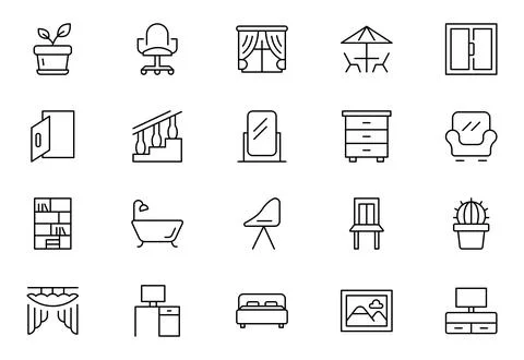 Home Decor line icon set. Kitchen, living room, decoration, bedroom, interi.. Stock Illustration