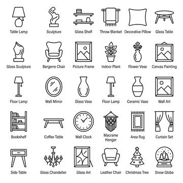 Home decor line icon set featuring furniture, lamps, vases, and wall art wi.. Stock Illustration