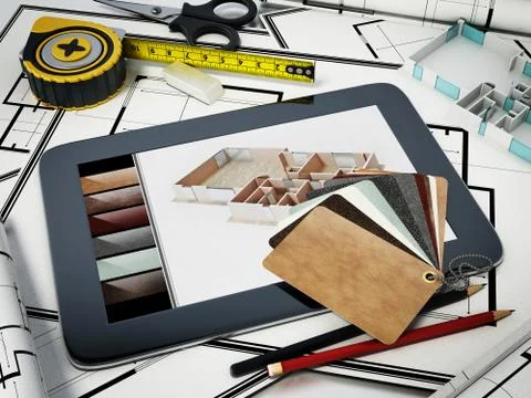 Home decorating tools standing on house bluprints. 3D illustration Stock Illustration