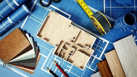 Home decorating tools standing on house bluprints. 3D illustration Ilustração Stock