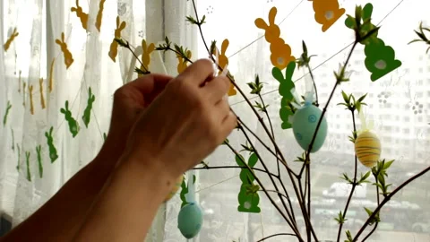 Home decoration for Easter. Composition of flowering branches Stock Footage 234124547