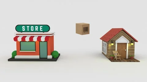 Home delivery package box being delivered from a shop to a house 3D Animation Stock Footage 154471997