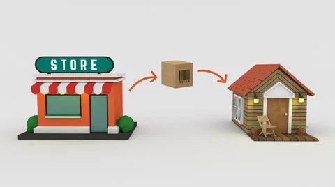 Home delivery package box being delivered from a shop to house 3D Illustration Stock Illustration